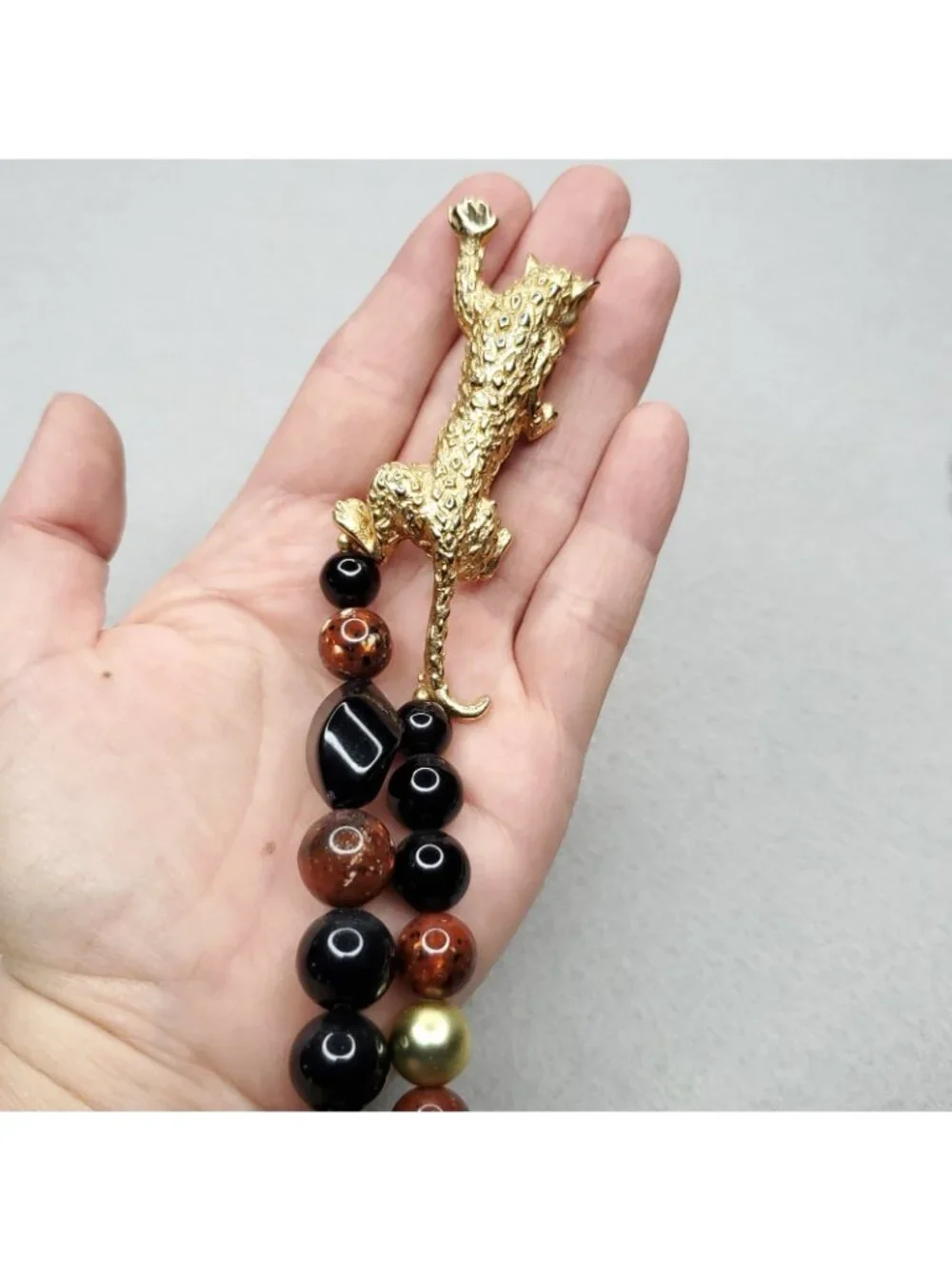 Vintage Beaded Necklace Gold Tone Leopard Black Brown 30